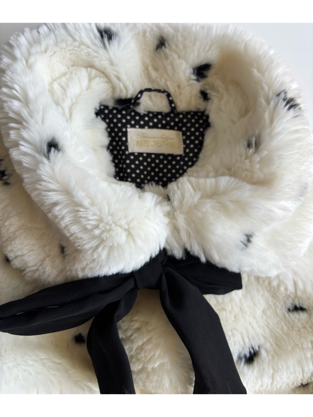 Girls Faux Fur Coat - White Black Polka Dot - 6X Kids - Picture 4 of 7